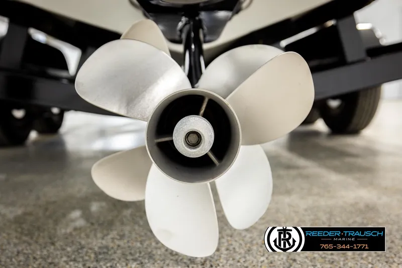 Slide: The Image of Close-up of 2022 Crownline 265 SS boat propeller on display. - 72