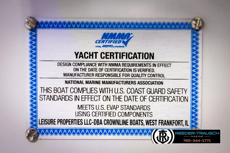 Slide: The Image of 2022 Crownline 265 SS yacht certification plaque, NMMA compliance, Coast Guard safety standards. - 79