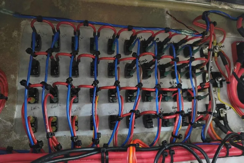 Slide: The Image of Electrical wiring setup in a 2021 Custom Infusion 34 CC boat. - 69