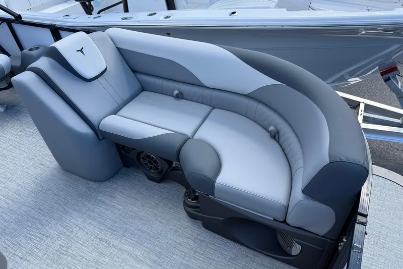 Slide: The Image of 2026 Tahoe Pontoon LTZ Versatile Rear Lounger, featuring sleek gray seating design. - 3