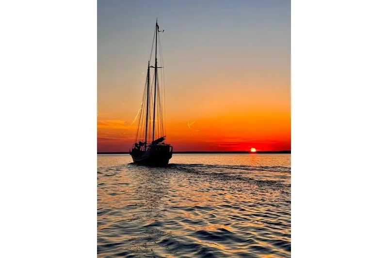 Slide: The Image of Schooner sailing at sunset, 1989 Custom Live aboard, tranquil ocean scene. - 3