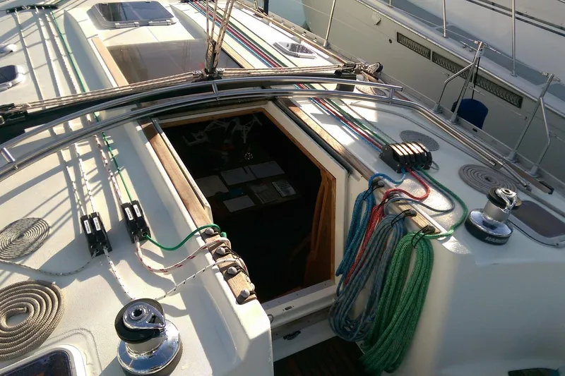 Slide: The Image of Jeanneau Sun Odyssey 45.2 sailboat deck with colorful ropes, 2002 model. - 8