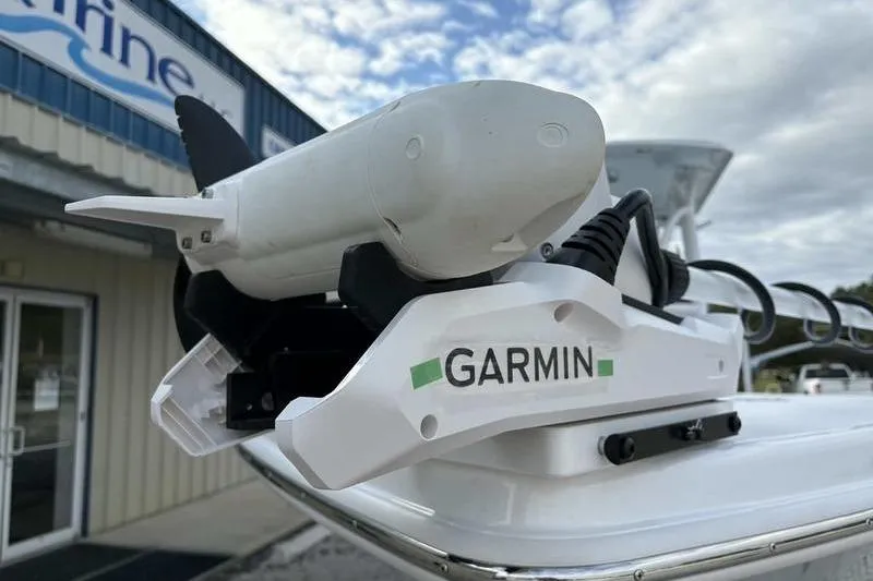 Slide: The Image of Garmin device on 2026 Blazer Bay 2700 Hybrid boat, outdoor setting. - 7
