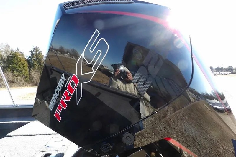 Slide: The Image of Close-up of Mercury Pro XS engine on 2026 Lund 2075 Impact XS boat. - 57