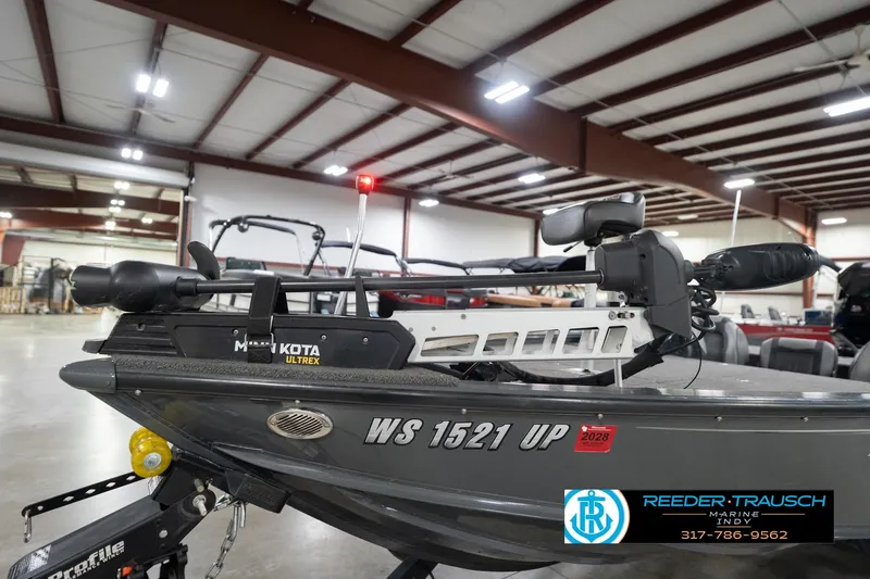 Slide: The Image of 2020 Lund 1875 Pro-V Bass boat with Minn Kota Ultrex motor in showroom. - 48