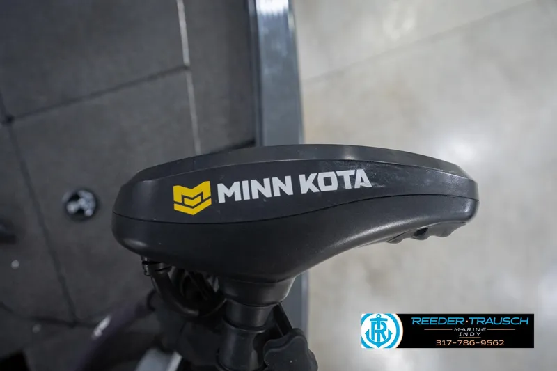 Slide: The Image of Minn Kota trolling motor on 2020 Lund 1875 Pro-V Bass boat, Reeder-Trausch Marine logo visible. - 49