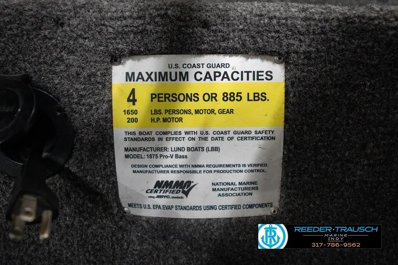 Slide: The Image of U.S. Coast Guard capacity label for 2020 Lund 1875 Pro-V Bass boat, 4 persons or 885 lbs. - 61