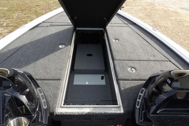 Slide: The Image of 2026 Lund 2075 Pro-V Bass XS boat with open storage compartment. - 40