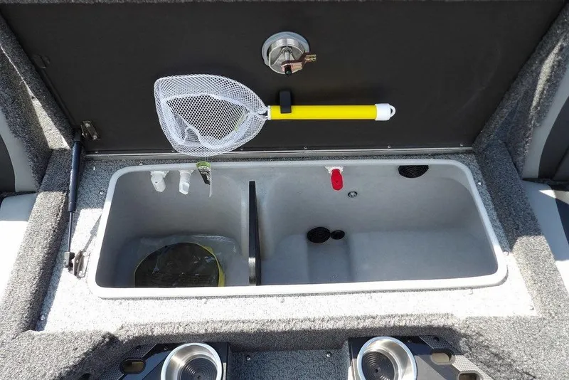 Slide: The Image of 2026 Lund 2075 Pro-V Sport boat livewell with fishing net and cup holders. - 17