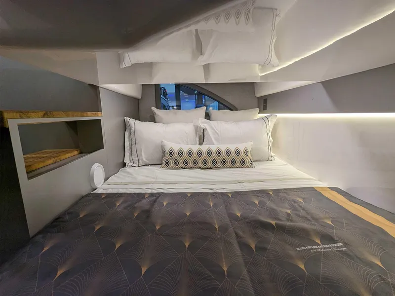 Slide: The Image of Luxurious cabin interior of 2025 Hanover 347 Inboard yacht with elegant bedding. - 23
