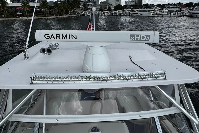 Slide: The Image of 2001 Grady-White Express 330 boat with Garmin xHD2 radar on deck, docked in marina. - 55