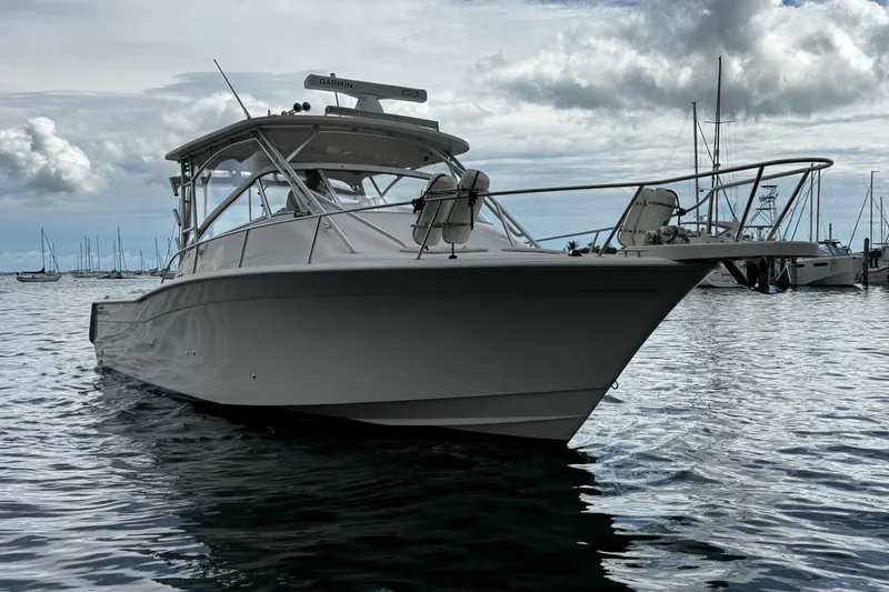 Slide: The Image of 2001 Grady-White Express 330 boat on calm water, cloudy sky background. - 7