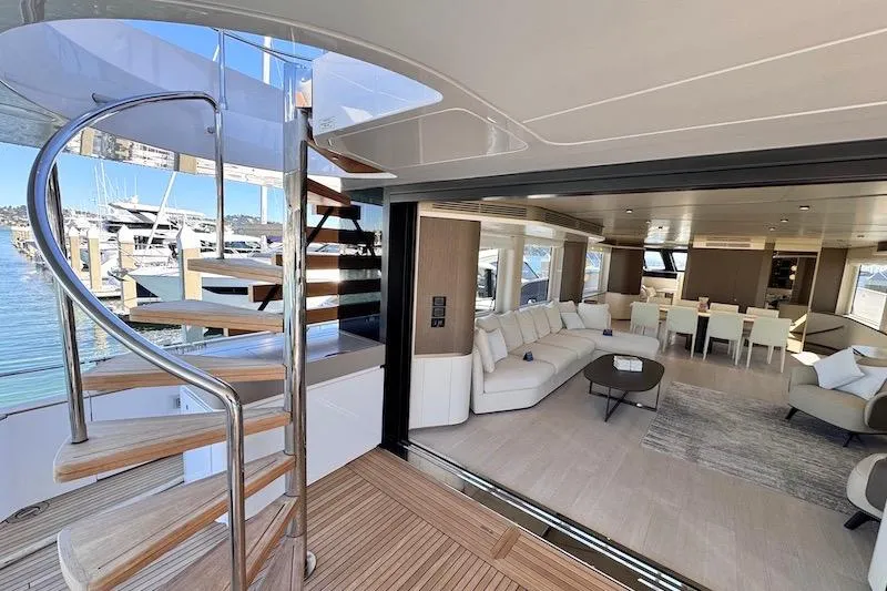 Slide: The Image of Luxurious Azimut Grande Magellano 25 Metri yacht interior, 2026 model, docked at marina. - 11