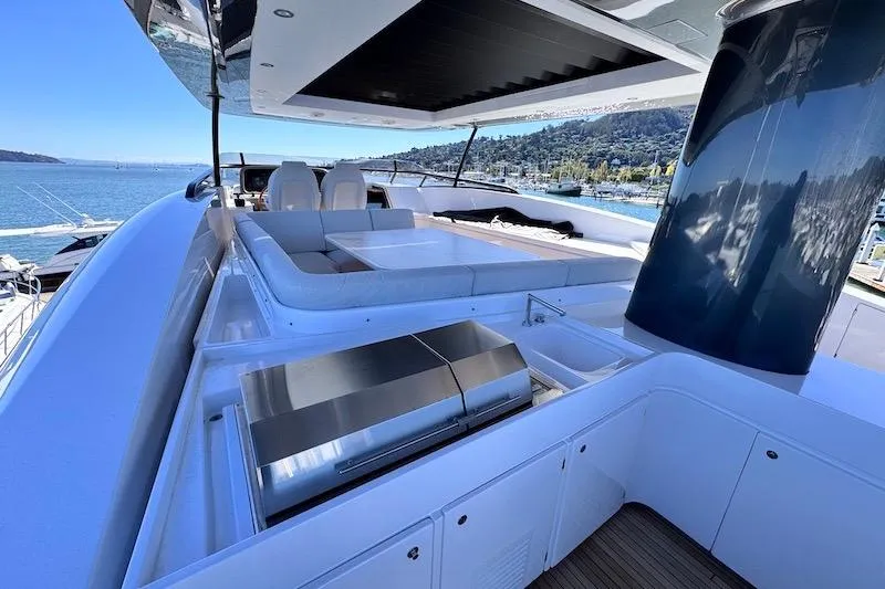 Slide: The Image of Luxury yacht Azimut Grande Magellano 25 Metri 2026, featuring elegant deck seating and marina view. - 42