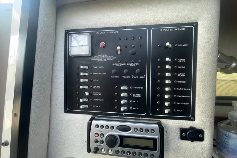 Slide: The Image of Control panel of a 2001 Monterey 270 Cruiser boat, featuring AC and DC service switches. - 18
