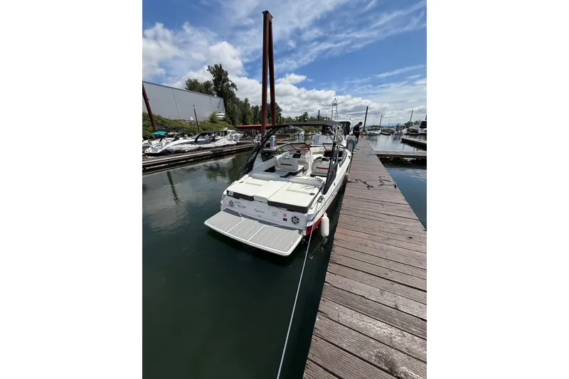 Slide: The Image of 2020 Regal LS2 Surf boat docked at a marina under a partly cloudy sky. - 7