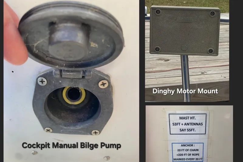 Slide: The Image of 1987 Nonsuch 30 Ultra features: cockpit manual bilge pump, dinghy motor mount, mast height and anchor details. - 17