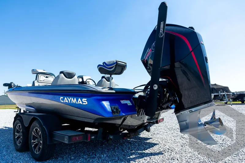 Slide: The Image of 2023 Caymas CX19 boat with Garmin trolling motor, close-up view. - 23