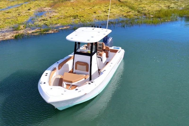 Slide: The Image of 2026 NauticStar 242 Offshore boat on calm water near grassy shoreline. - 10