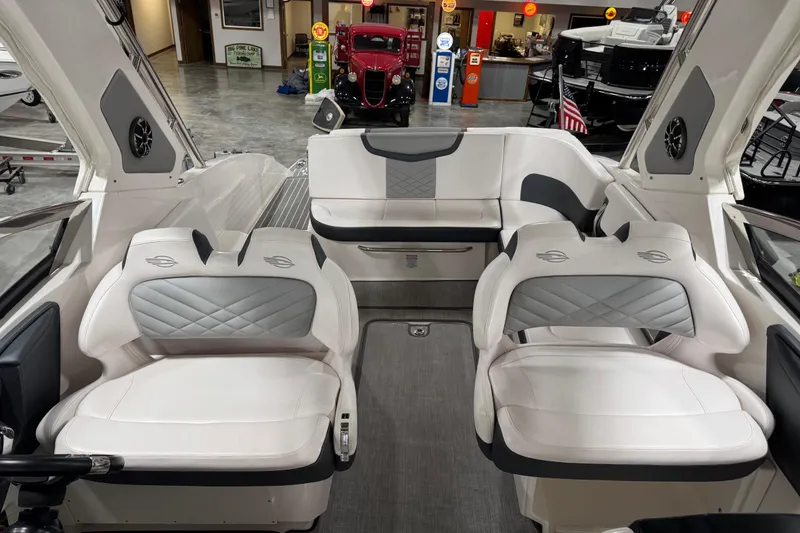 Slide: The Image of 2019 Chaparral 347 SSX boat interior with luxurious seating and modern design. - 13