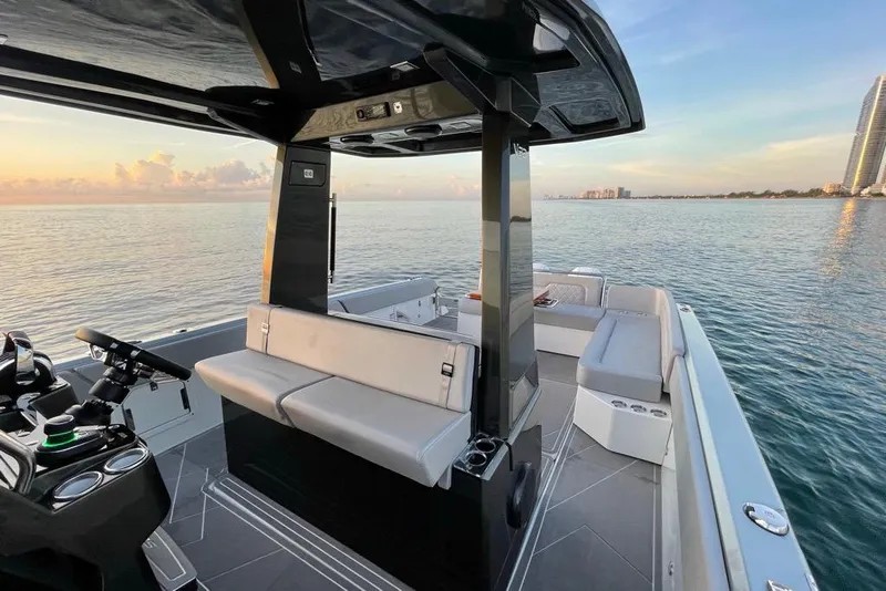 Slide: The Image of Luxurious interior of 2026 Schaefer V33 yacht with modern seating and sleek design. - 9