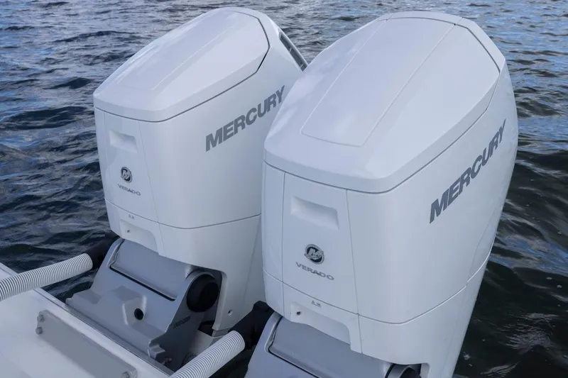 Slide: The Image of Twin Mercury Verado outboard engines on 2023 HCB 39 Speciale boat. - 58