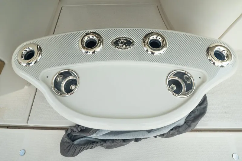 Slide: The Image of 2018 Riviera 43 Open Flybridge fishing rod holders on deck. - 11