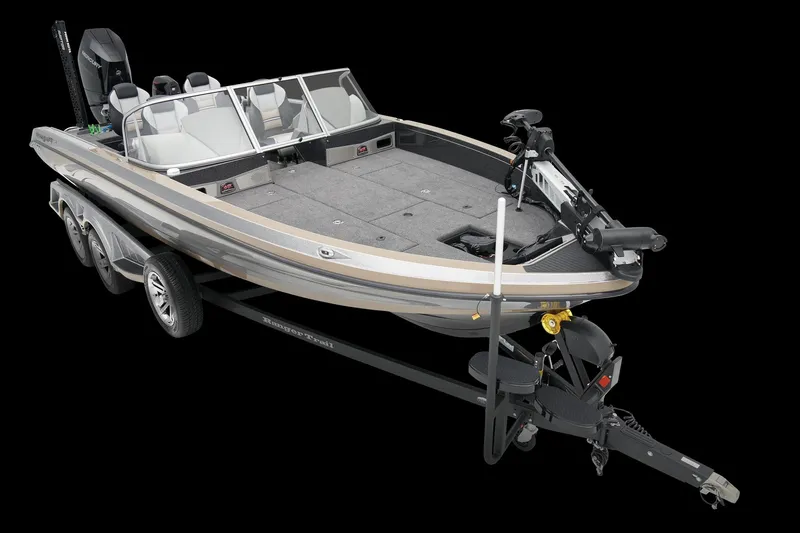 Slide: The Image of 2026 Ranger 622FS Pro fishing boat on trailer, sleek design, dual console, modern features. - 3