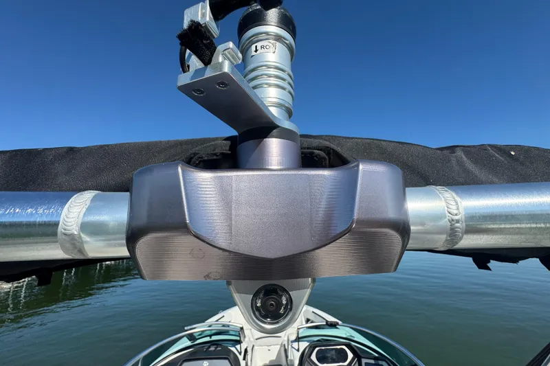 Slide: The Image of Close-up of 2018 MasterCraft XStar boat tower against clear blue sky. - 29