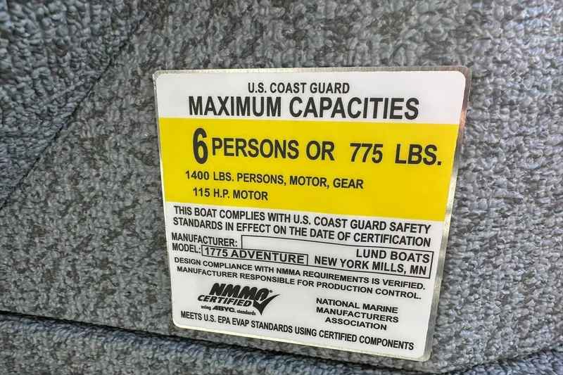 Slide: The Image of 2026 Lund 1775 Adventure Sport capacity label, 6 persons or 775 lbs, 115 HP motor. - 27