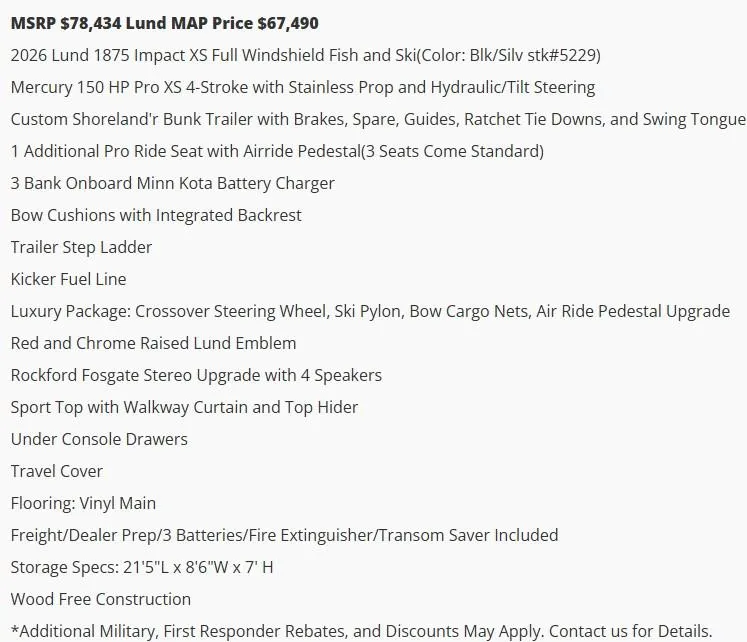 Slide: The Image of 2026 Lund 1875 Impact XS Sport boat features, pricing, and specifications list. - 5