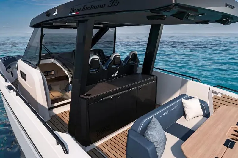 Slide: The Image of 2026 Beneteau Gran Turismo 35 luxury yacht interior with seating and ocean view. - 17