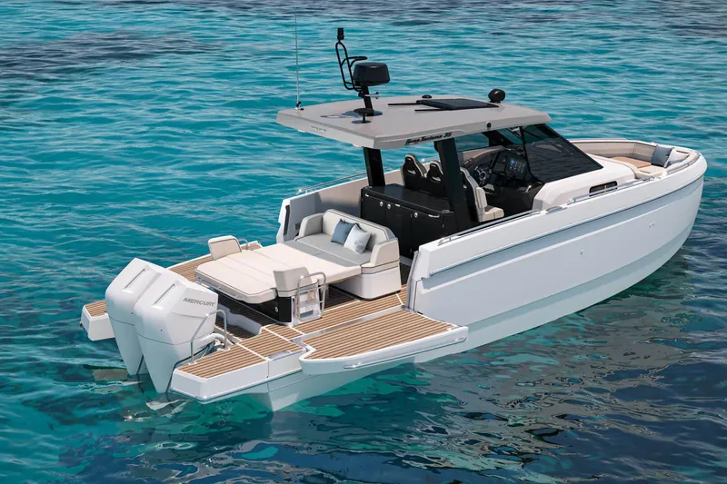 Slide: The Image of 2026 Beneteau Gran Turismo 35 yacht on clear blue water, showcasing luxury design. - 22