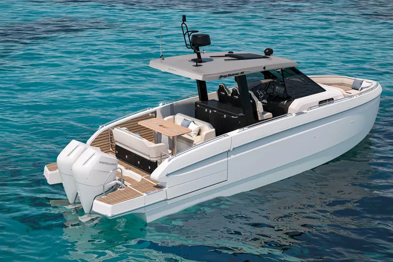 Slide: The Image of 2026 Beneteau Gran Turismo 35 yacht on clear blue water, showcasing sleek design. - 23