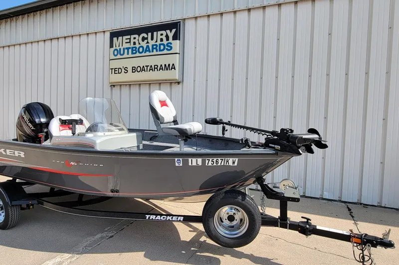 Slide: The Image of 2016 Tracker boat with Mercury outboard at Ted's Boatarama dealership. - 2