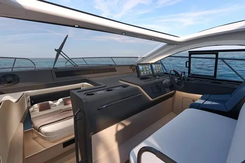 Slide: The Image of 2026 Beneteau Gran Turismo 40 yacht interior with modern cockpit and ocean view. - 18