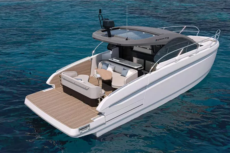 Slide: The Image of 2026 Beneteau Gran Turismo 40 yacht on clear blue water, showcasing sleek design and spacious deck. - 23
