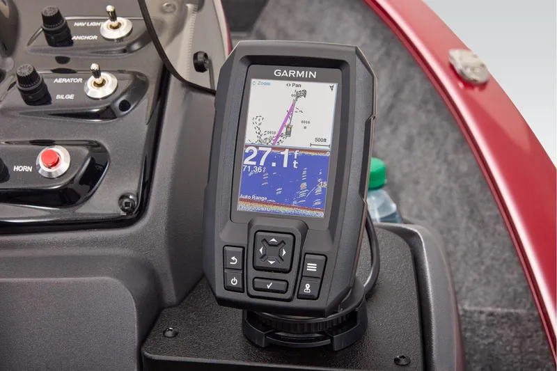 Slide: The Image of Manufacturer Provided Image: Garmin fishfinder on 2026 Tracker Super Guide V-16 SC boat dashboard. - 19