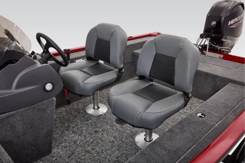 Slide: The Image of Manufacturer Provided Image: 2026 Tracker Super Guide V-16 SC boat interior with two gray seats and steering console. - 20