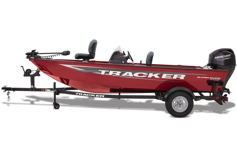 Slide: The Image of Manufacturer Provided Image: 2026 Tracker Super Guide V-16 SC fishing boat on trailer, red with Mercury outboard motor. - 6