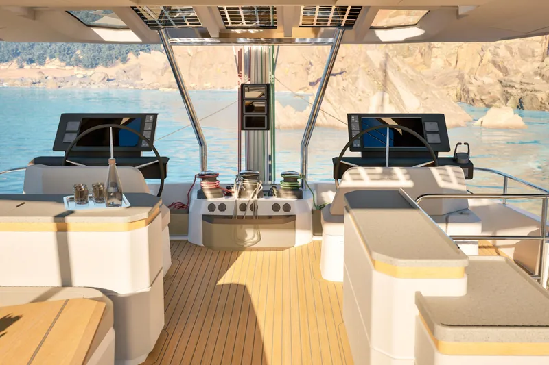 Slide: The Image of Luxurious 2027 Fountaine Pajot 70 S yacht interior with modern helm and seating. - 15