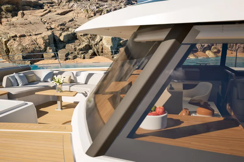 Slide: The Image of Luxurious 2027 Fountaine Pajot 70 S yacht with elegant deck and scenic ocean view. - 19