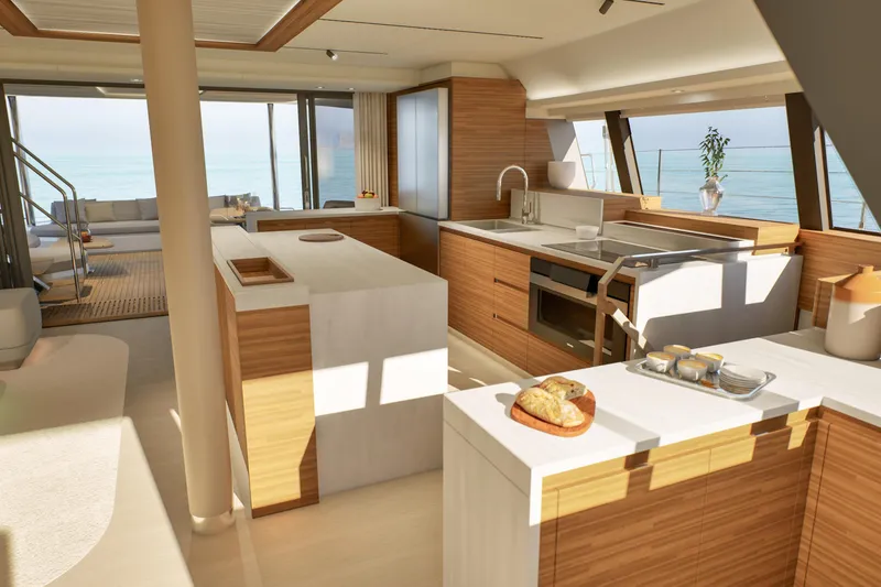 Slide: The Image of Luxurious kitchen interior of 2027 Fountaine Pajot 70 S yacht with ocean view. - 26
