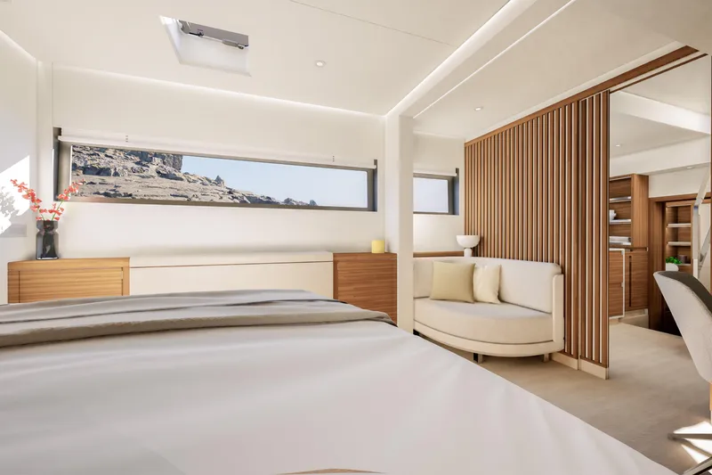 Slide: The Image of Luxurious interior of 2027 Fountaine Pajot 70 S yacht with modern design and elegant furnishings. - 34
