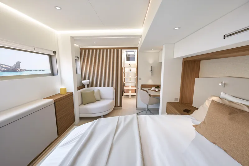 Slide: The Image of Luxurious interior of 2027 Fountaine Pajot 70 S yacht with modern design and ocean view. - 36