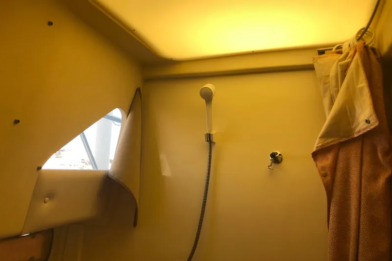 Slide: The Image of Shower area inside 1999 Mainship 31 Sedan Bridge boat, featuring a handheld showerhead. - 17