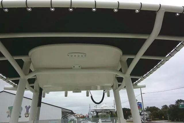 Slide: The Image of 2020 Stingray 216 CC boat canopy with LED lights, viewed from below. - 16