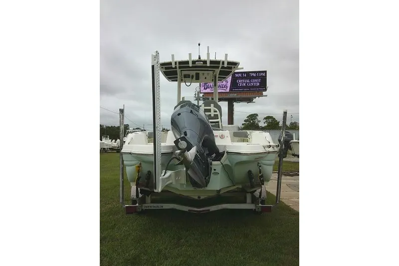 Slide: The Image of 2020 Stingray 216 CC boat on trailer, rear view with outboard motor, grassy area. - 3