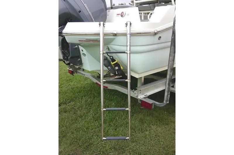 Slide: The Image of Stingray 216 CC 2020 boat with ladder on trailer, parked on grass. - 7
