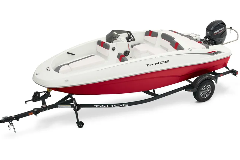 Slide: The Image of Manufacturer Provided Image: 2025 Tahoe T16 boat with red hull on trailer, featuring sleek design and modern outboard motor. - 38